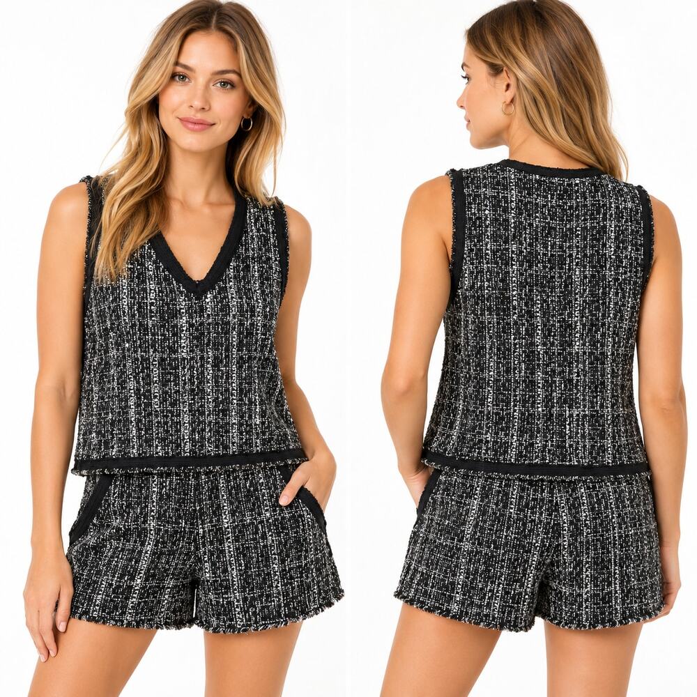 Maje Liaco Tweed Vest Shorts Set Womens 1 US S Black White Silver Metallic